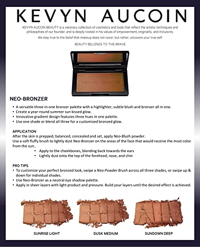 Kevyn Aucoin The Neo-Bronzer, Sunrise Light: 3 in 1 makeup palette. Highlighter, blush & bronzer in one smooth gradient makeup compact. Shimmer & matte in light, medium & deep. Sun-kissed to bronzed.